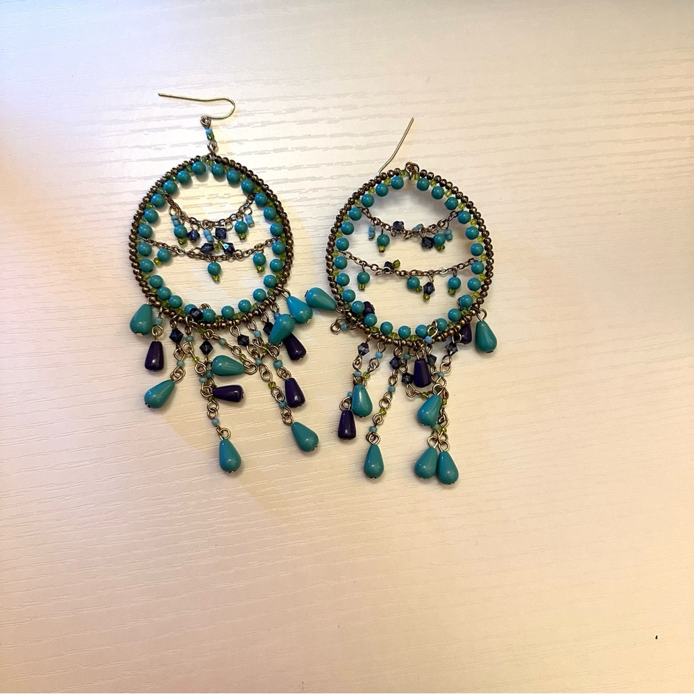 Turquoise and Blue Beaded Hoop Earrings